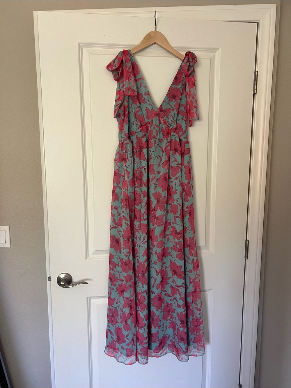 LUSH Floral V-Neck Maxi Dress in Aqua and Coral